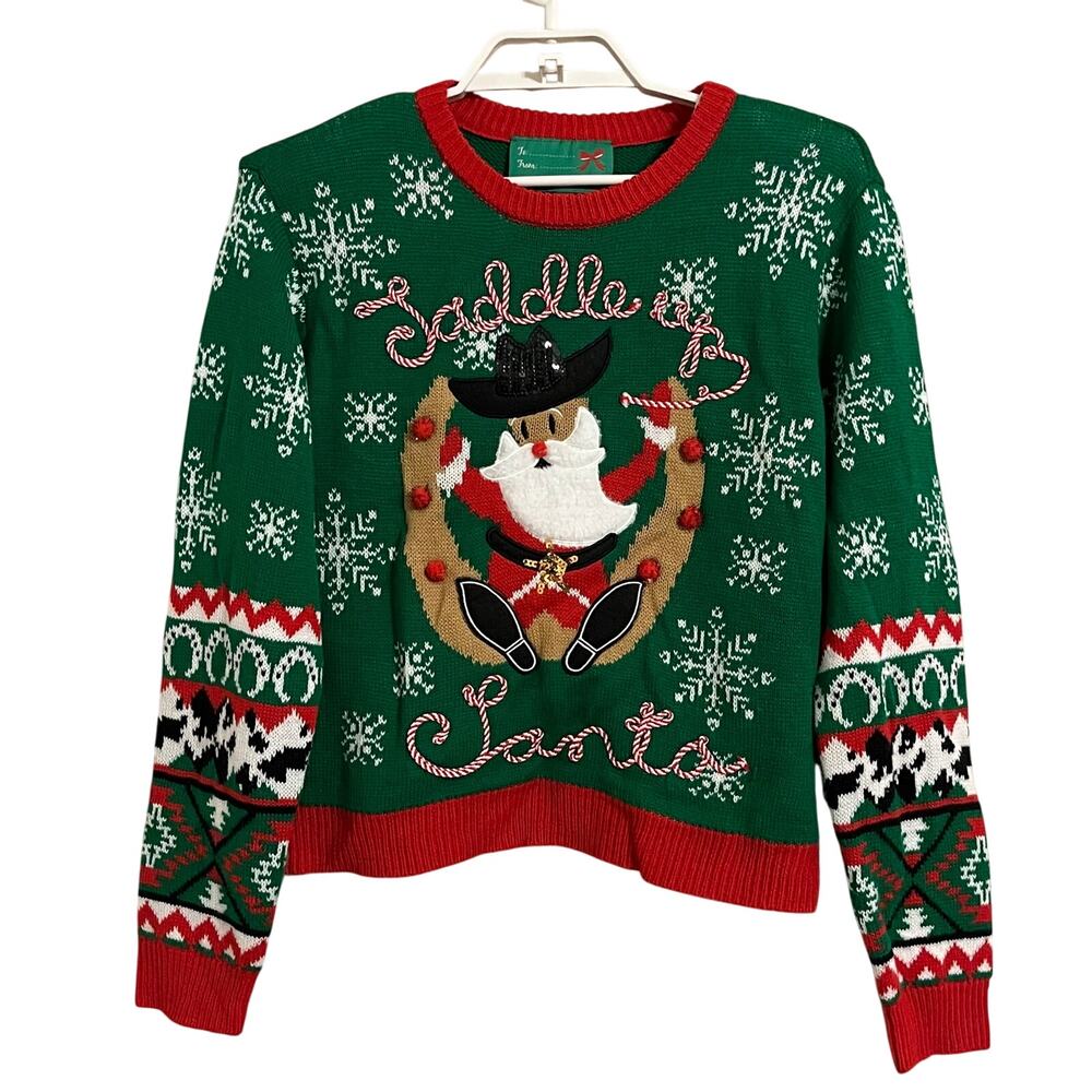 Western Theme Ugly Christmas Sweater Saddle Up Santa